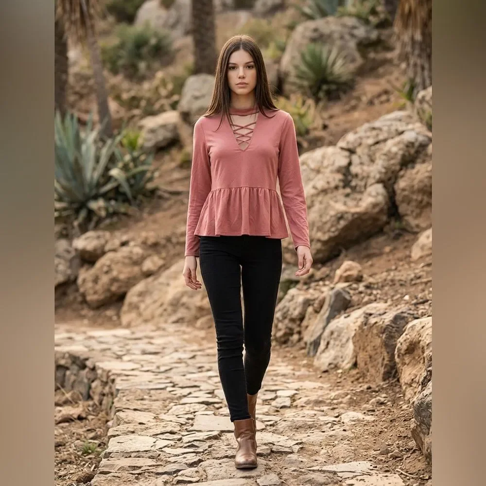 EUC The Line of Style Women's Pink Long Sleeve V Neck Babydoll Top Blouse - S